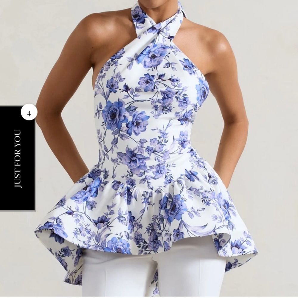Blue floral halter neck peplum top- Club London